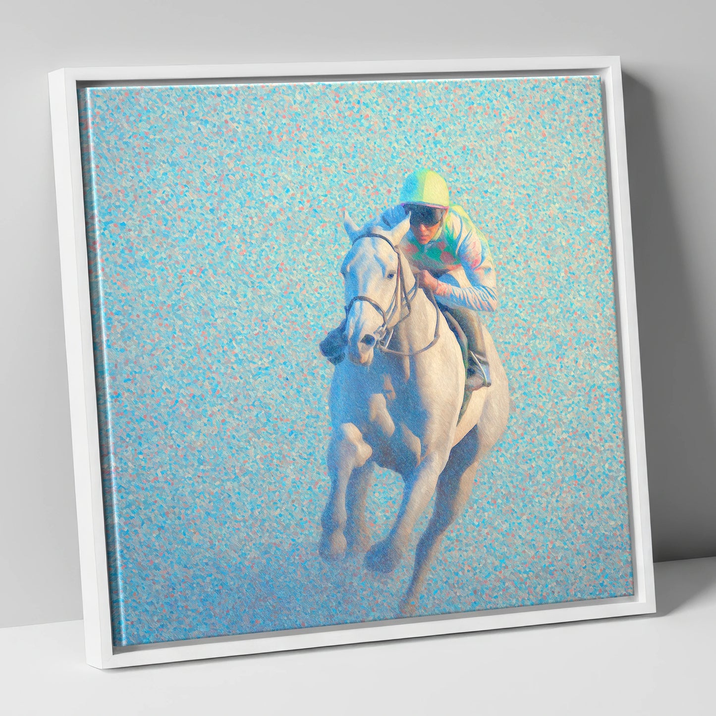 Luminous Gallop racing horse canvas wall art in white frame