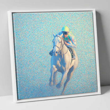 Luminous Gallop racing horse canvas wall art in white frame