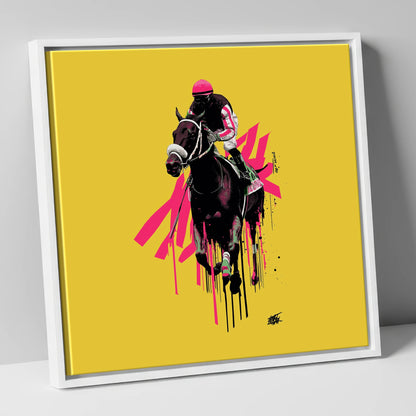Neon Gallop racing horse canvas wall art in white frame
