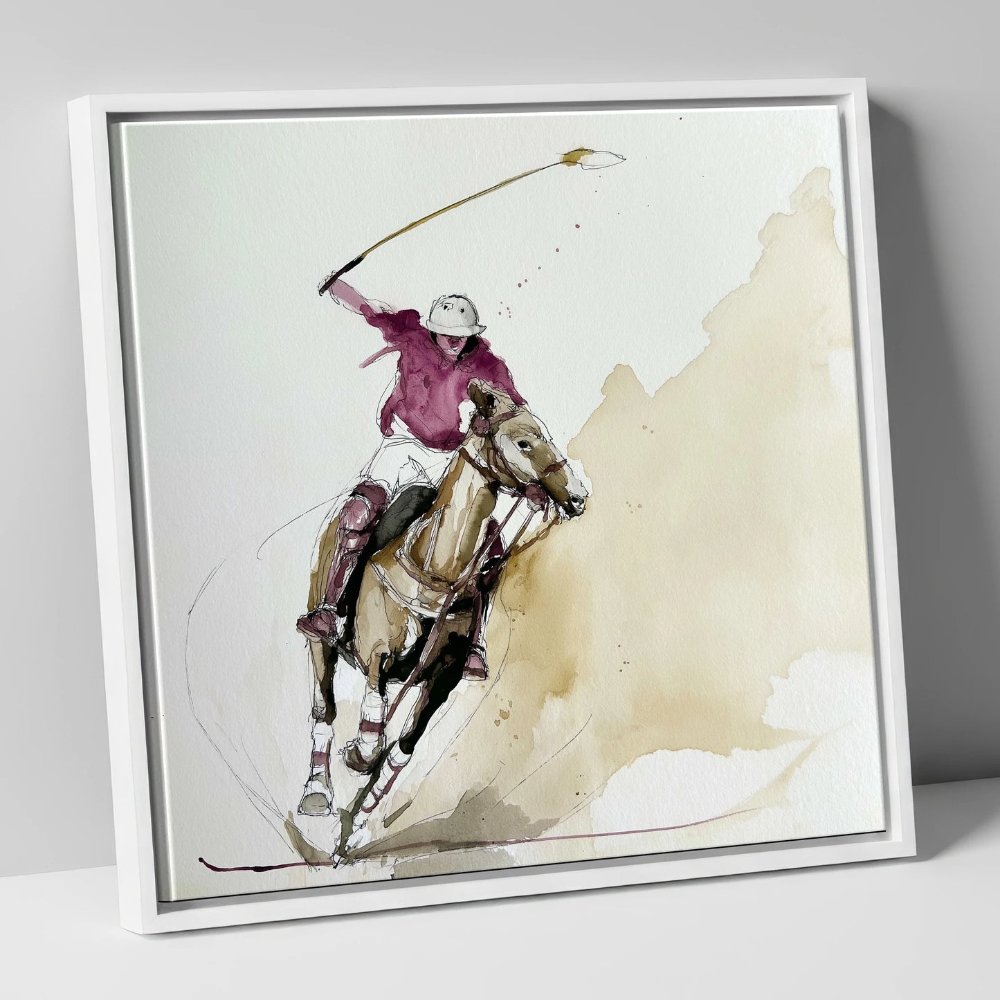 The Decisive Swing polo horse canvas wall art in white frame