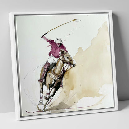 The Decisive Swing polo horse canvas wall art in white frame