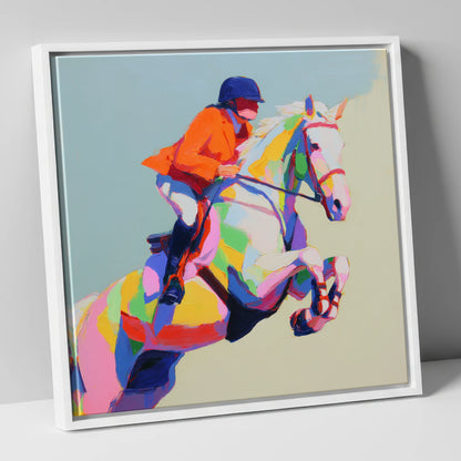 Chromatic Leap show jumping horse canvas wall art in white frame