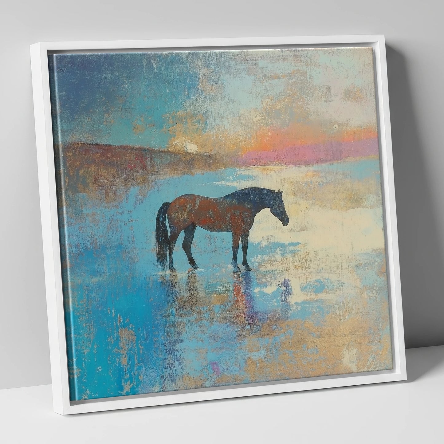 Silent Waters horse landscape canvas wall art in white frame