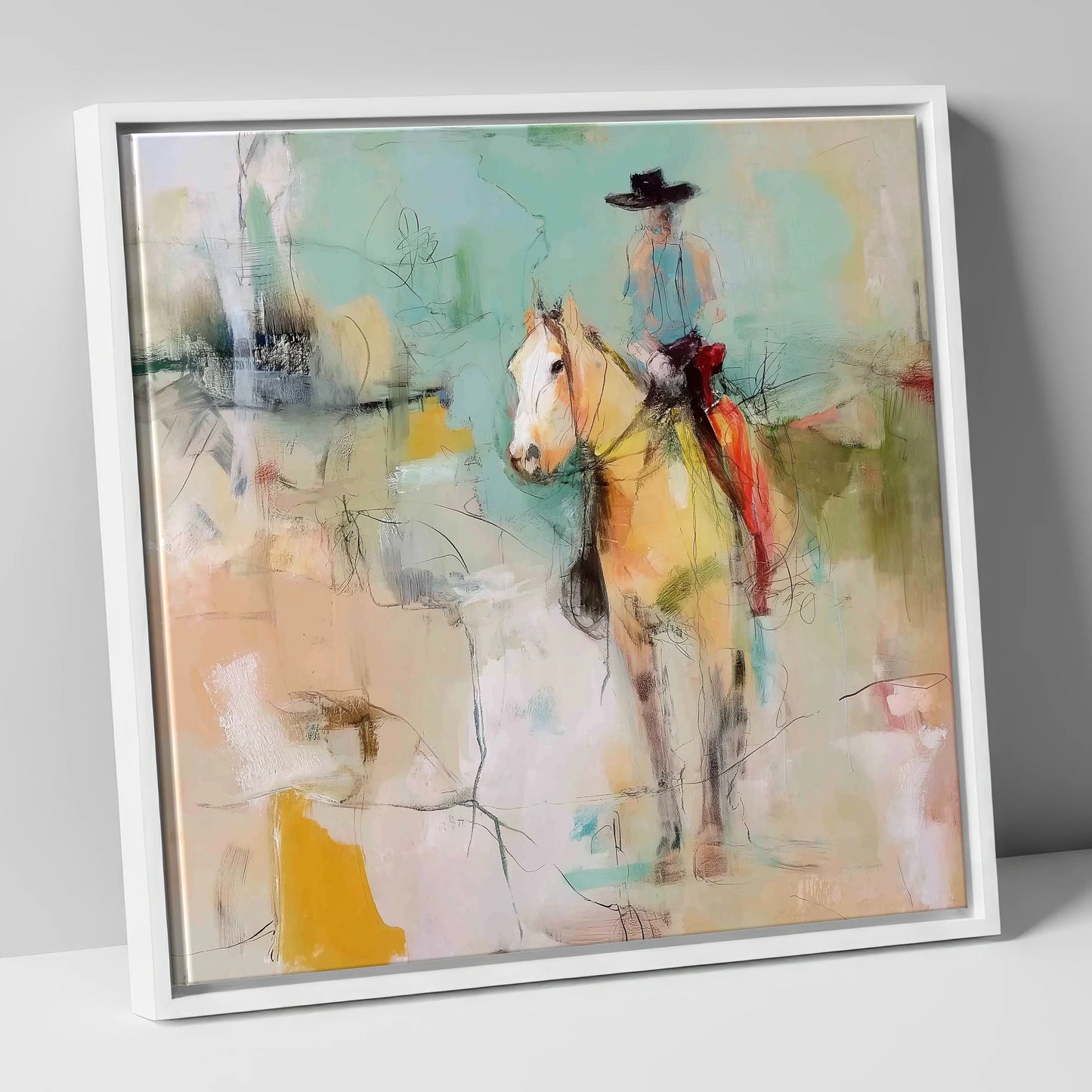 Painted Western Silhouette western horse canvas wall art in white frame