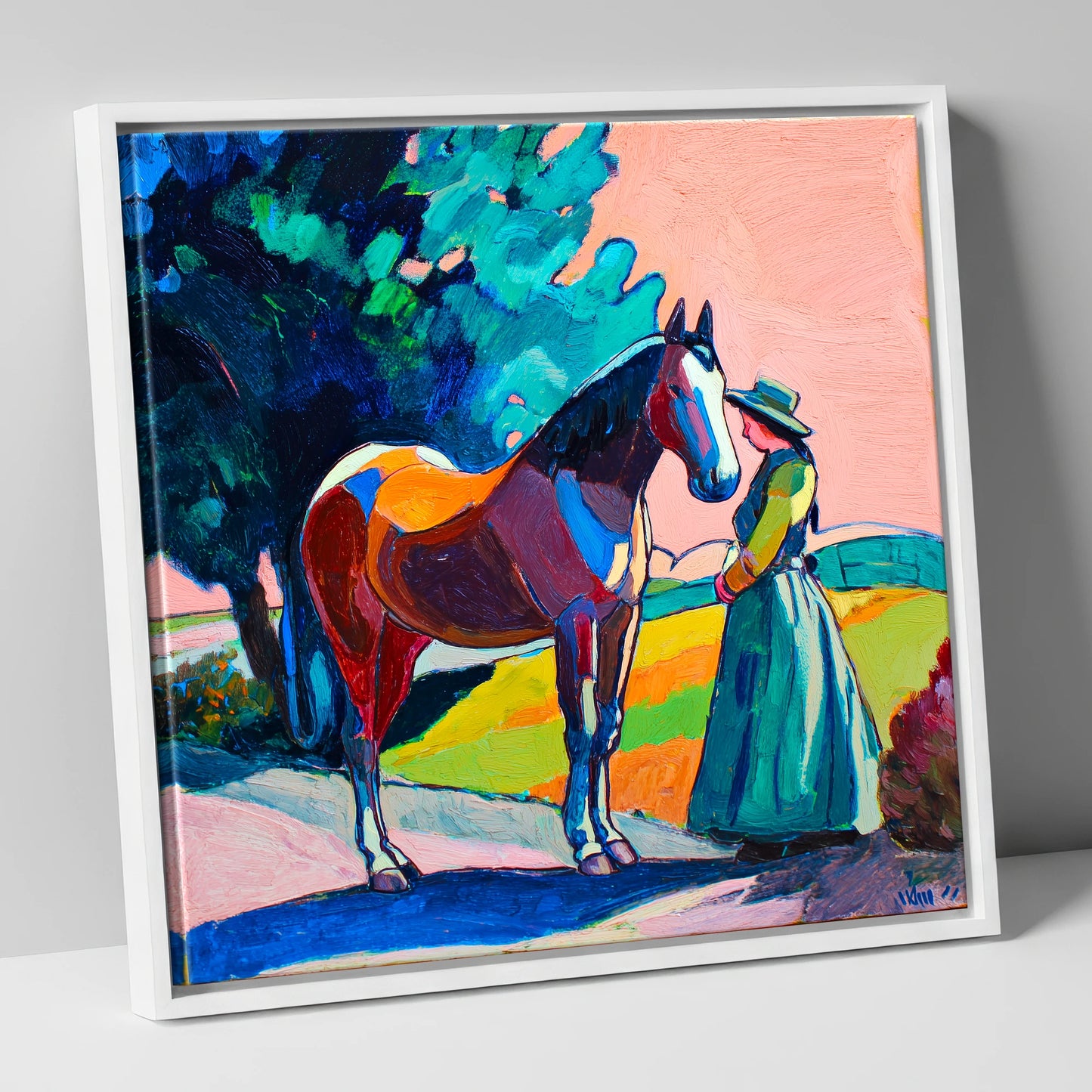 Painted Bond horse & rider canvas wall art in white frame