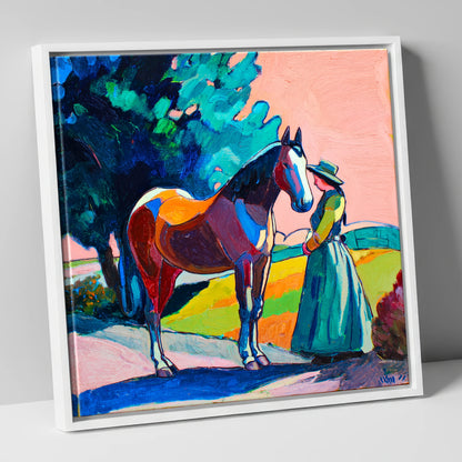Painted Bond horse & rider canvas wall art in white frame