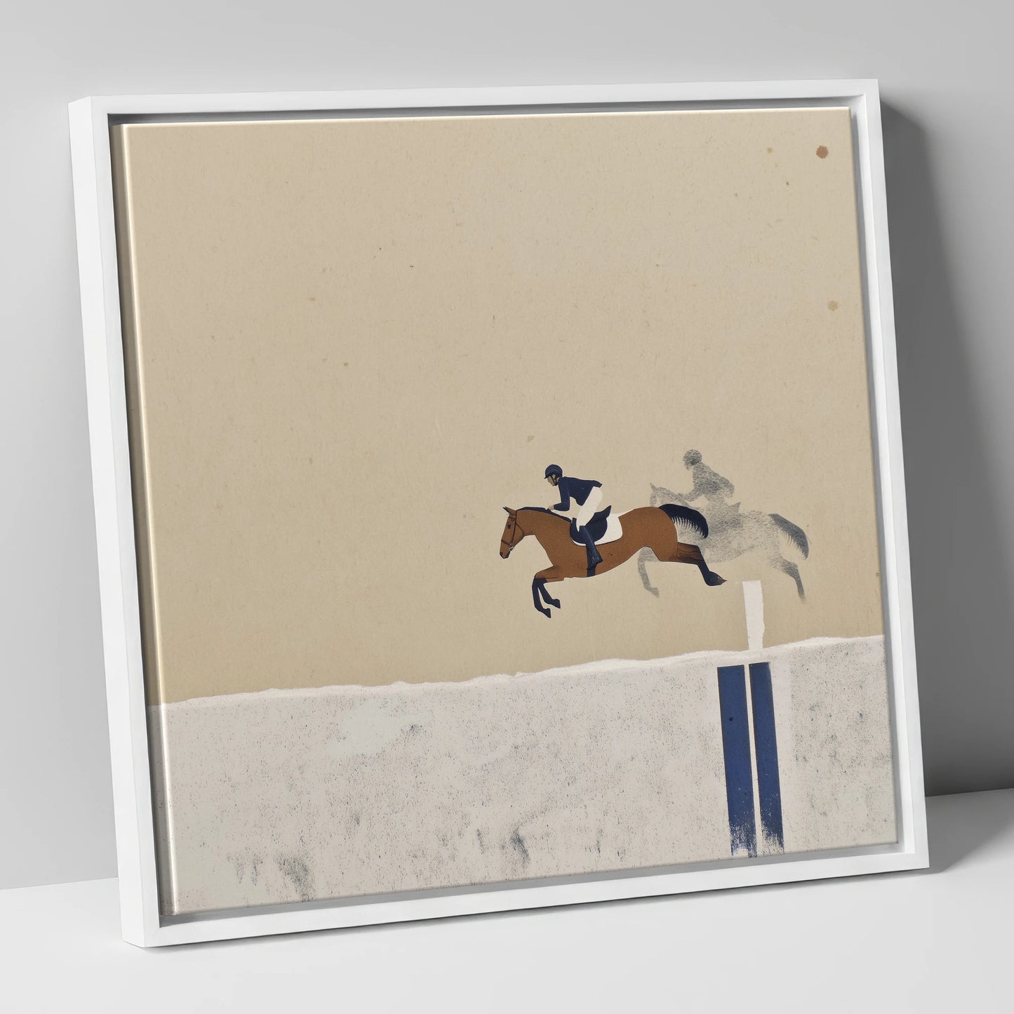 Suspended in Flight show jumping horse canvas wall art in white frame
