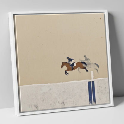 Suspended in Flight show jumping horse canvas wall art in white frame