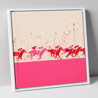 Crimson Surge racing horse canvas wall art in white frame