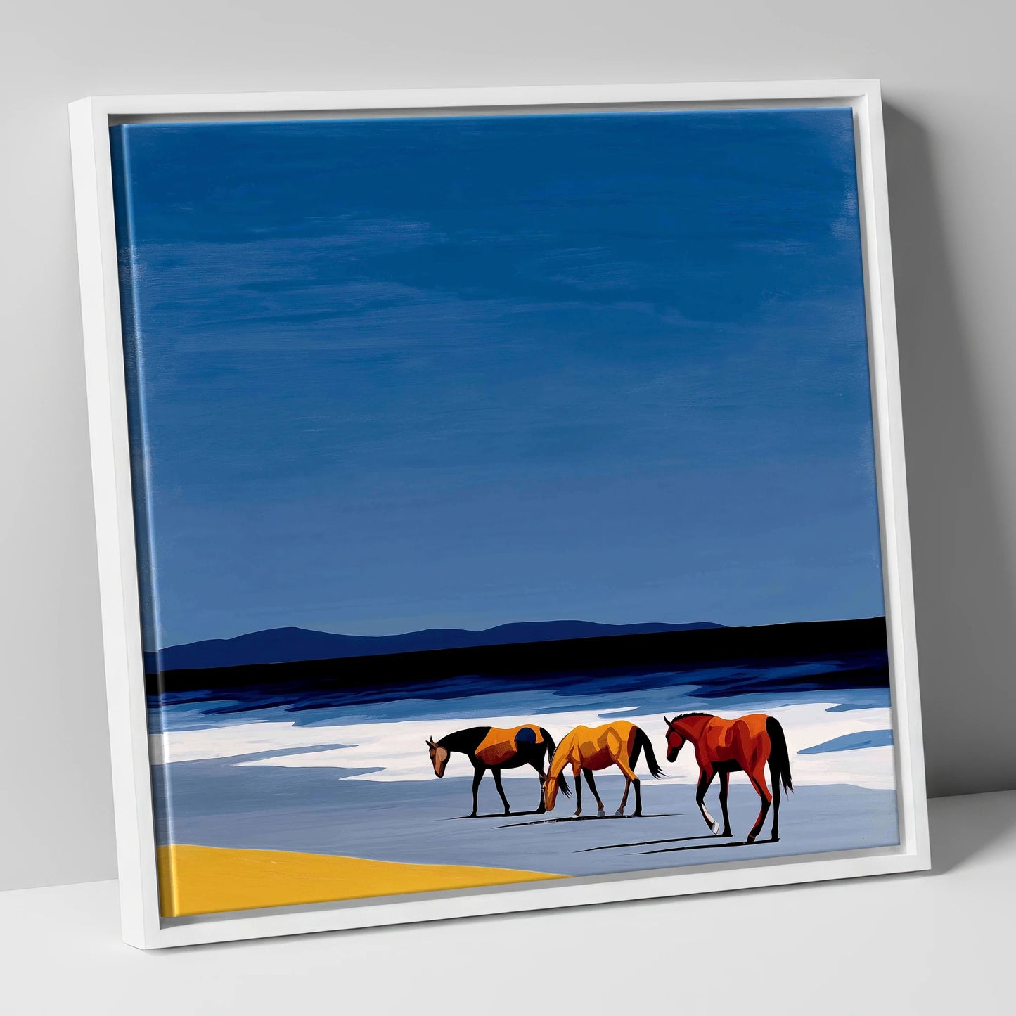 Azure Shoreline Trio horse landscape canvas wall art in white frame