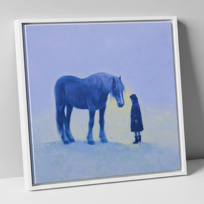 The Indigo Encounter horse & rider canvas wall art in white frame