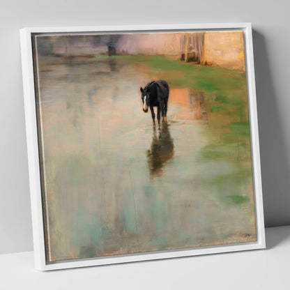 Quiet Reflection horse landscape canvas wall art in white frame