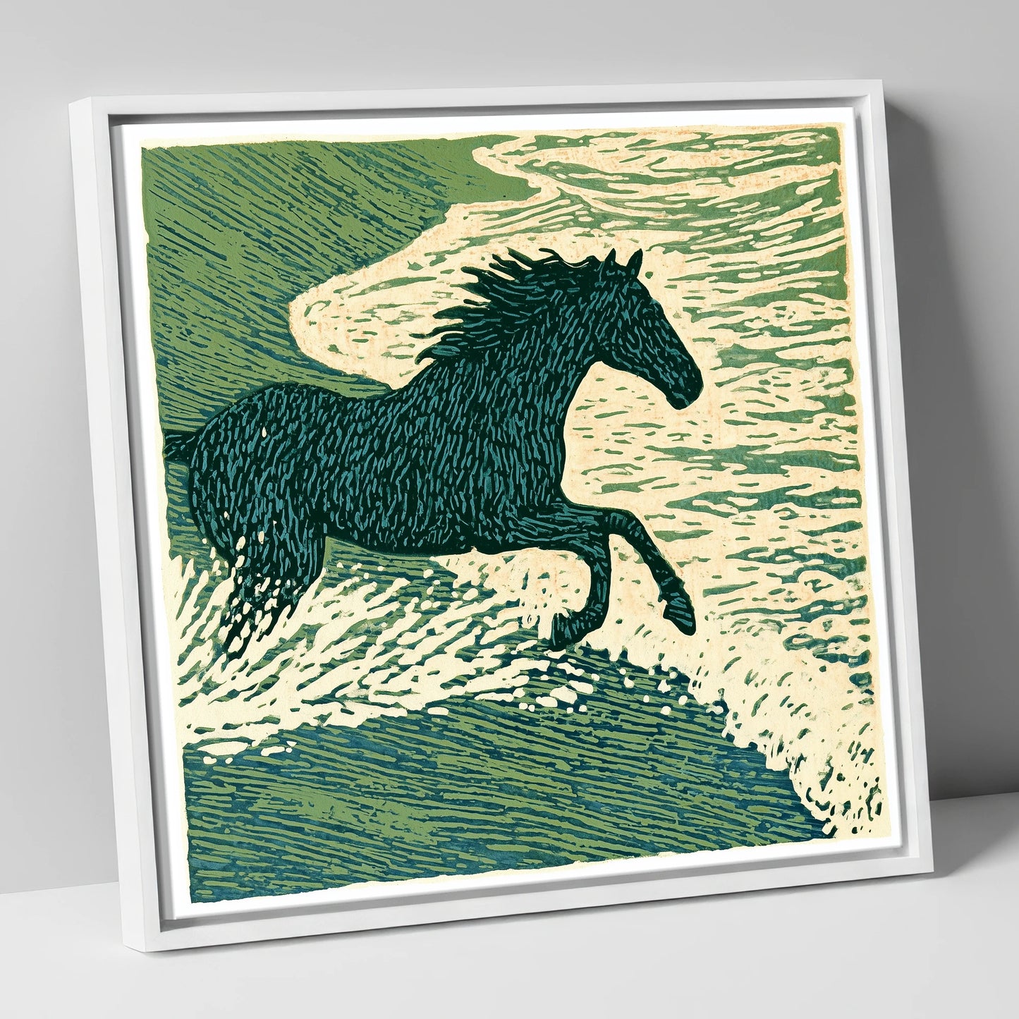Wild Sea Canter beach horse canvas wall art in white frame