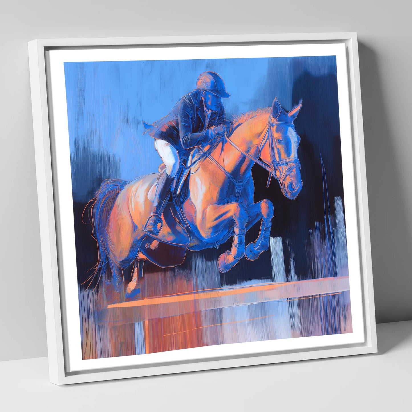 Cobalt Ascent show jumping horse canvas wall art in white frame