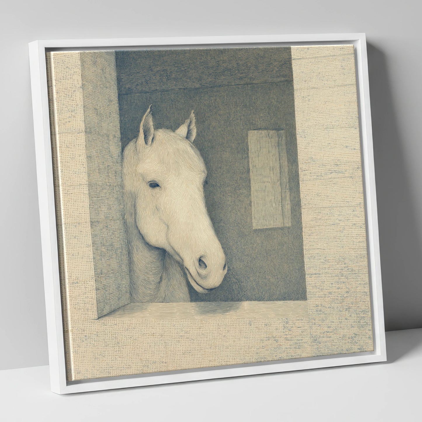 The Quiet Observer horse stable canvas wall art in white frame
