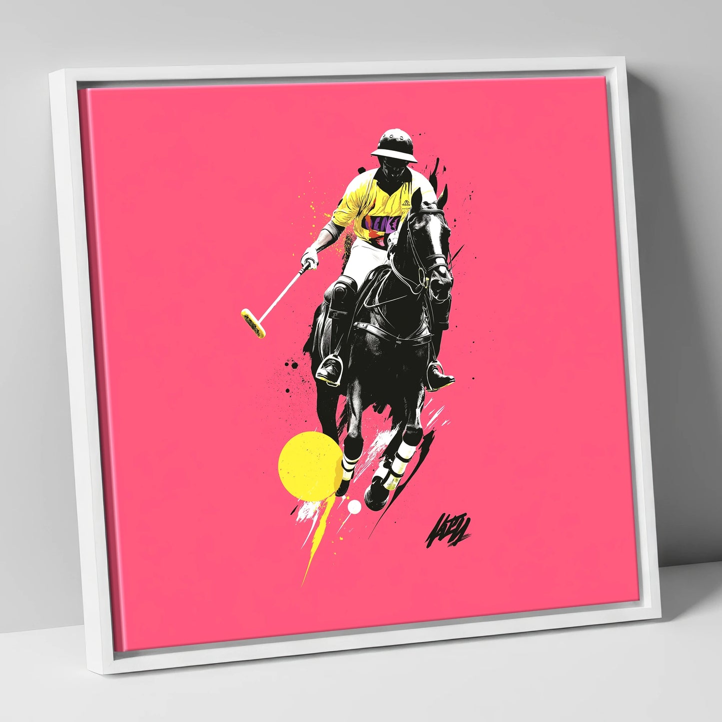 Magenta Chukka polo horse canvas wall art in white frame