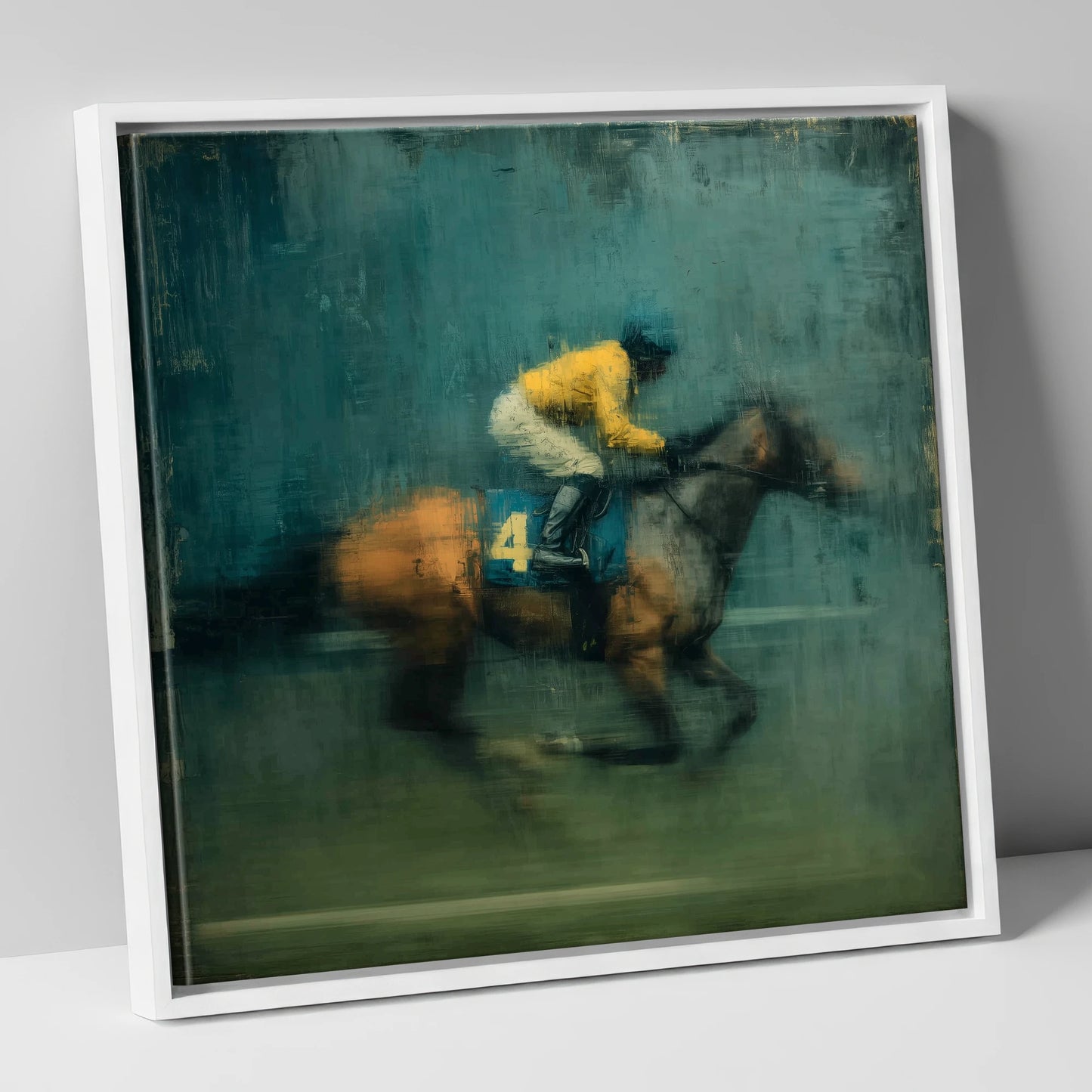 Velocity in Yellow racing horse canvas wall art in white frame