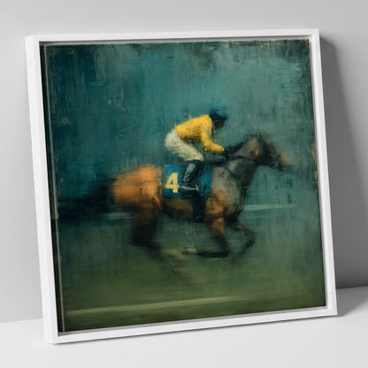 Velocity in Yellow racing horse canvas wall art in white frame