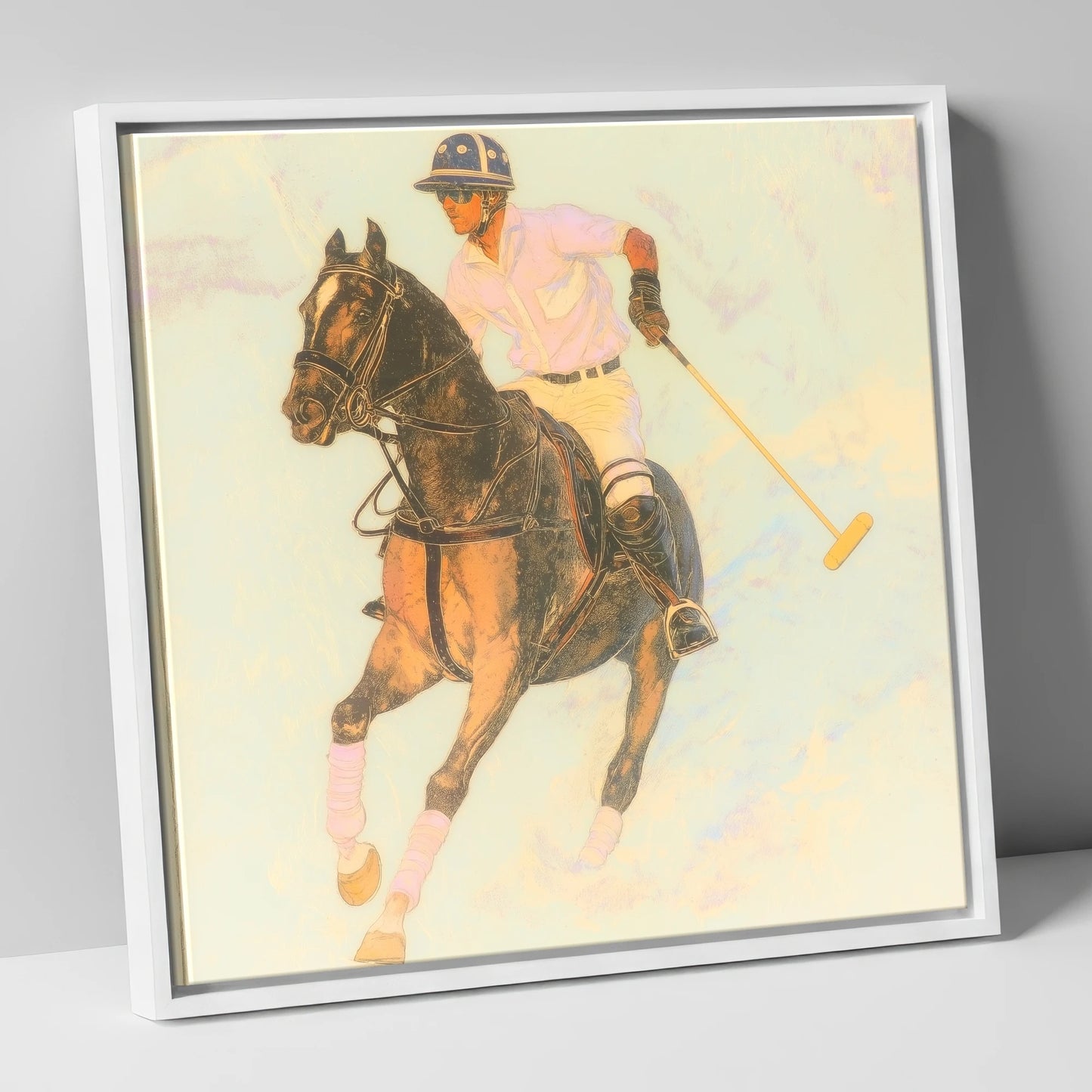 Luminous Chukka polo horse canvas wall art in white frame