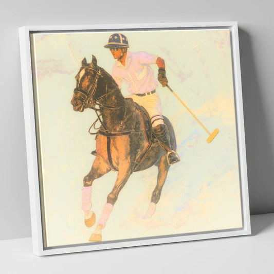 Luminous Chukka polo horse canvas wall art in white frame