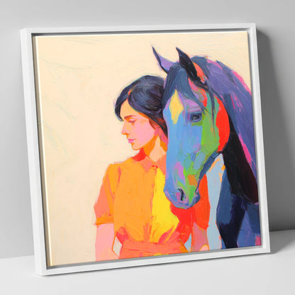 Vivid Companion horse & rider canvas wall art in white frame