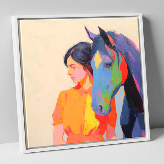 Vivid Companion horse & rider canvas wall art in white frame