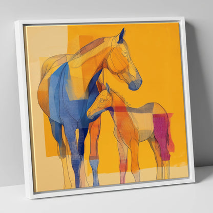Vibrant Amber Kinship mare & foal canvas wall art in white frame