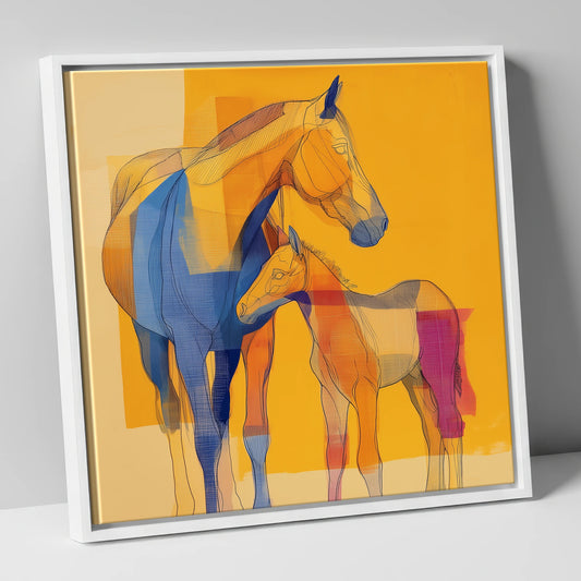 Vibrant Amber Kinship mare & foal canvas wall art in white frame