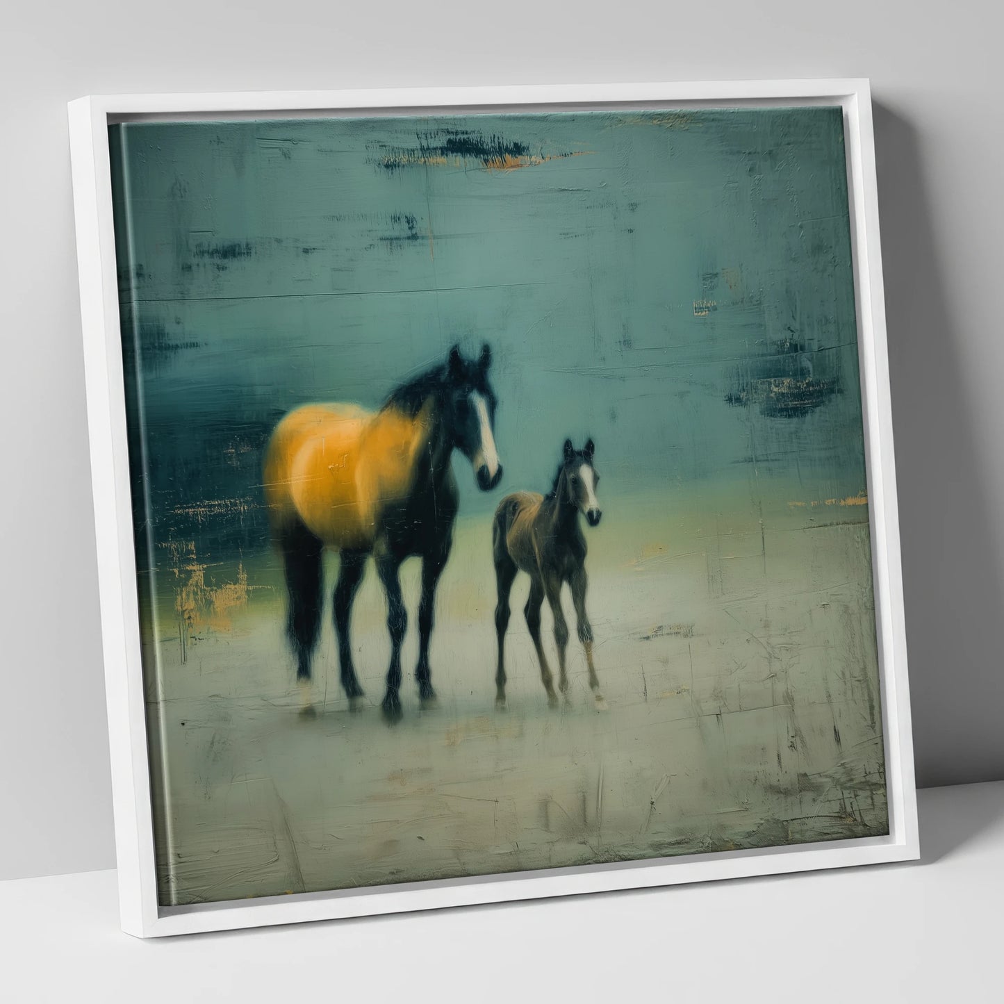 Ochre Light and Shadow mare & foal canvas wall art in white frame