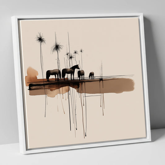 Silent Gathering at Dusk wild horses canvas wall art in white frame