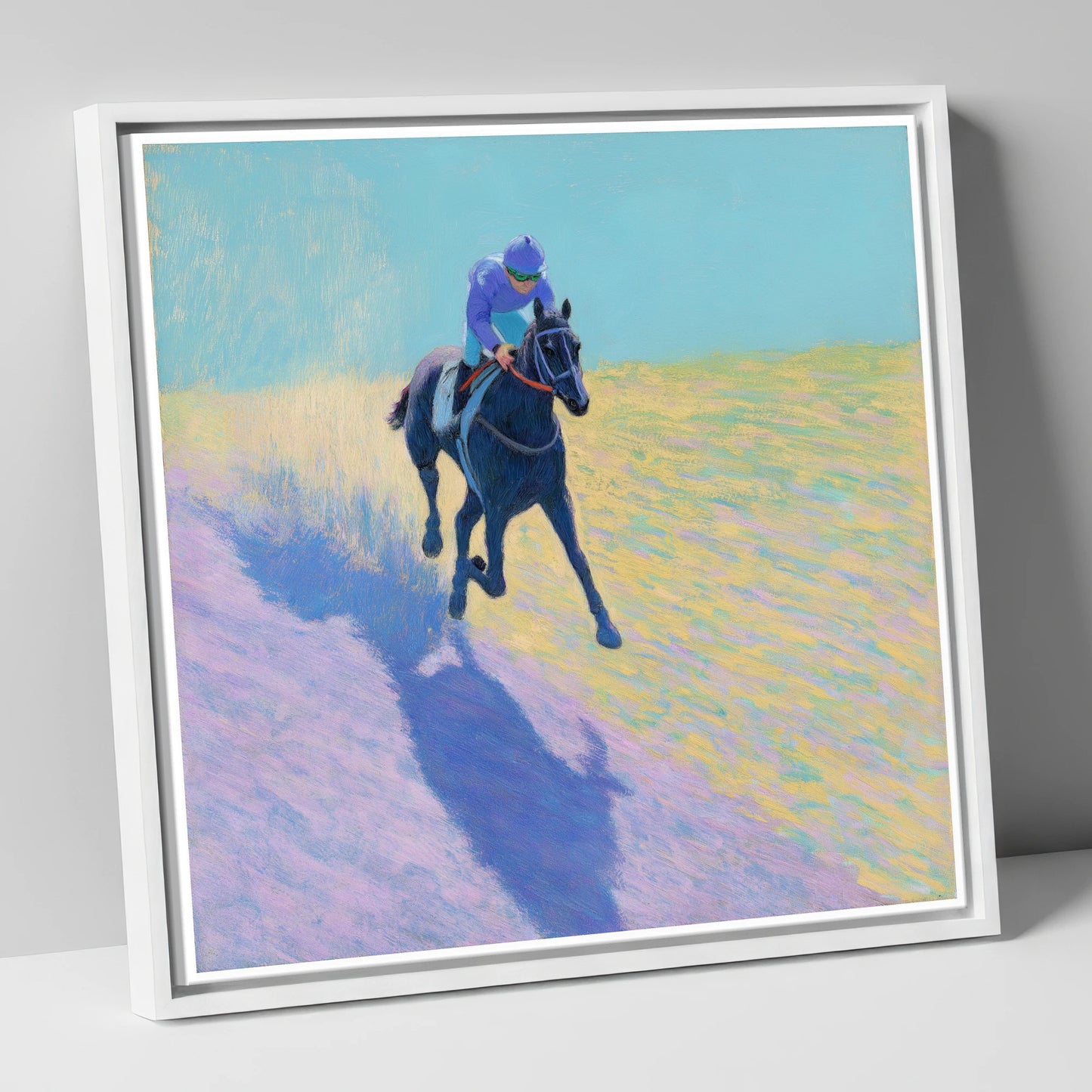 Pastel Morning Canter racing horse canvas wall art in white frame