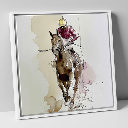 Furlong Flow in Burgundy racing horse canvas wall art in white frame