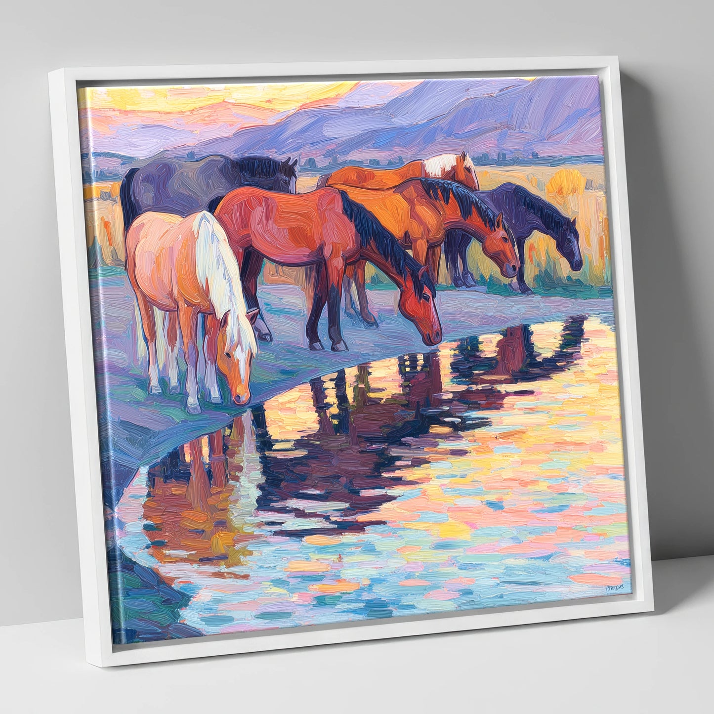 Reflections at Dusk wild horses canvas wall art in white frame