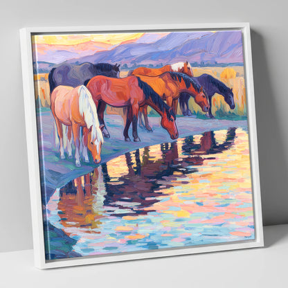 Reflections at Dusk wild horses canvas wall art in white frame