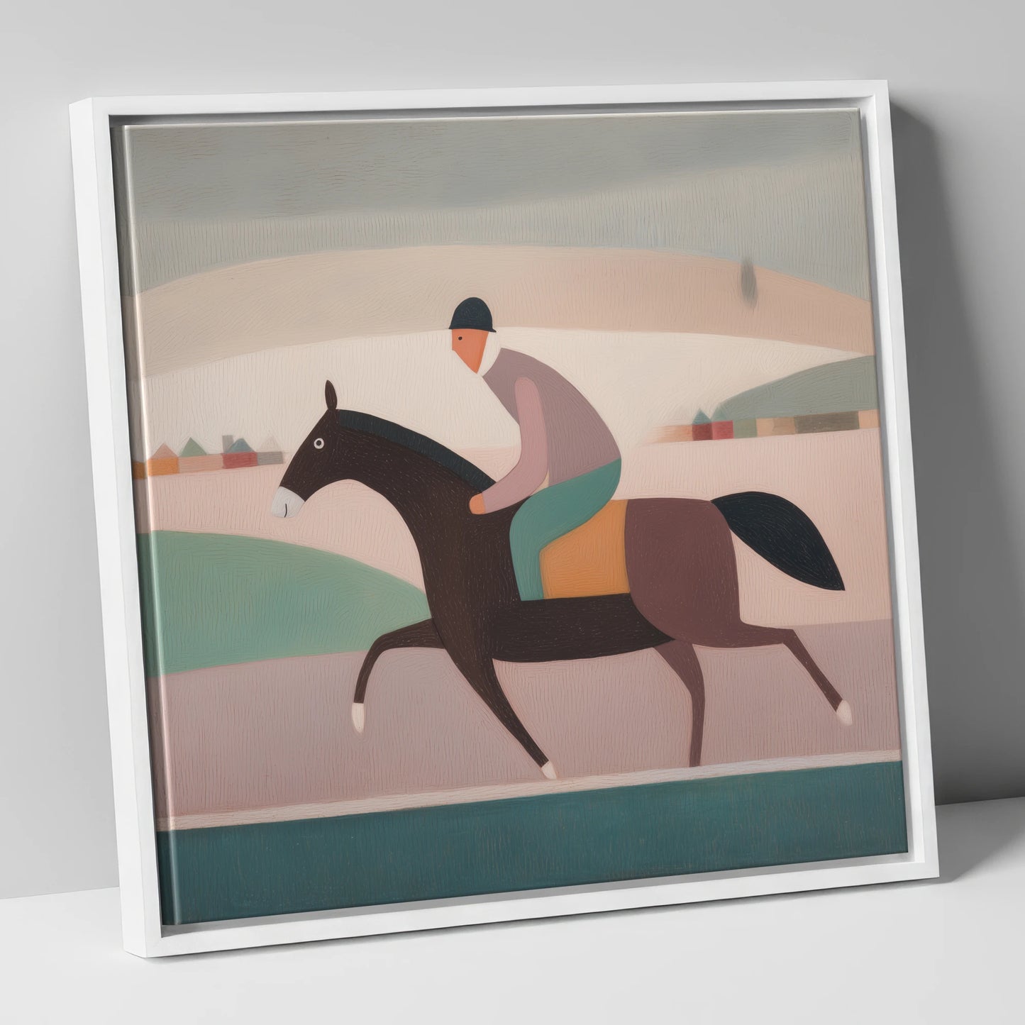 Muted Morning Canter racing horse canvas wall art in white frame