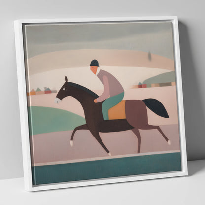 Muted Morning Canter racing horse canvas wall art in white frame