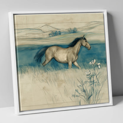 Teal Horizon Canter horse landscape canvas wall art in white frame