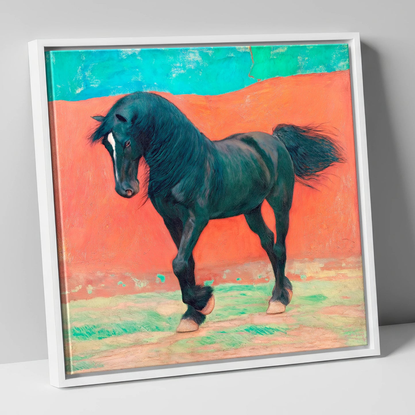 Bold Friesian Rhythm horse breed canvas wall art in white frame