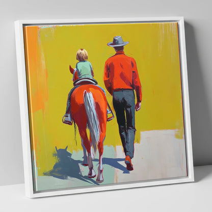 Leading the First Ride horse & rider canvas wall art in white frame
