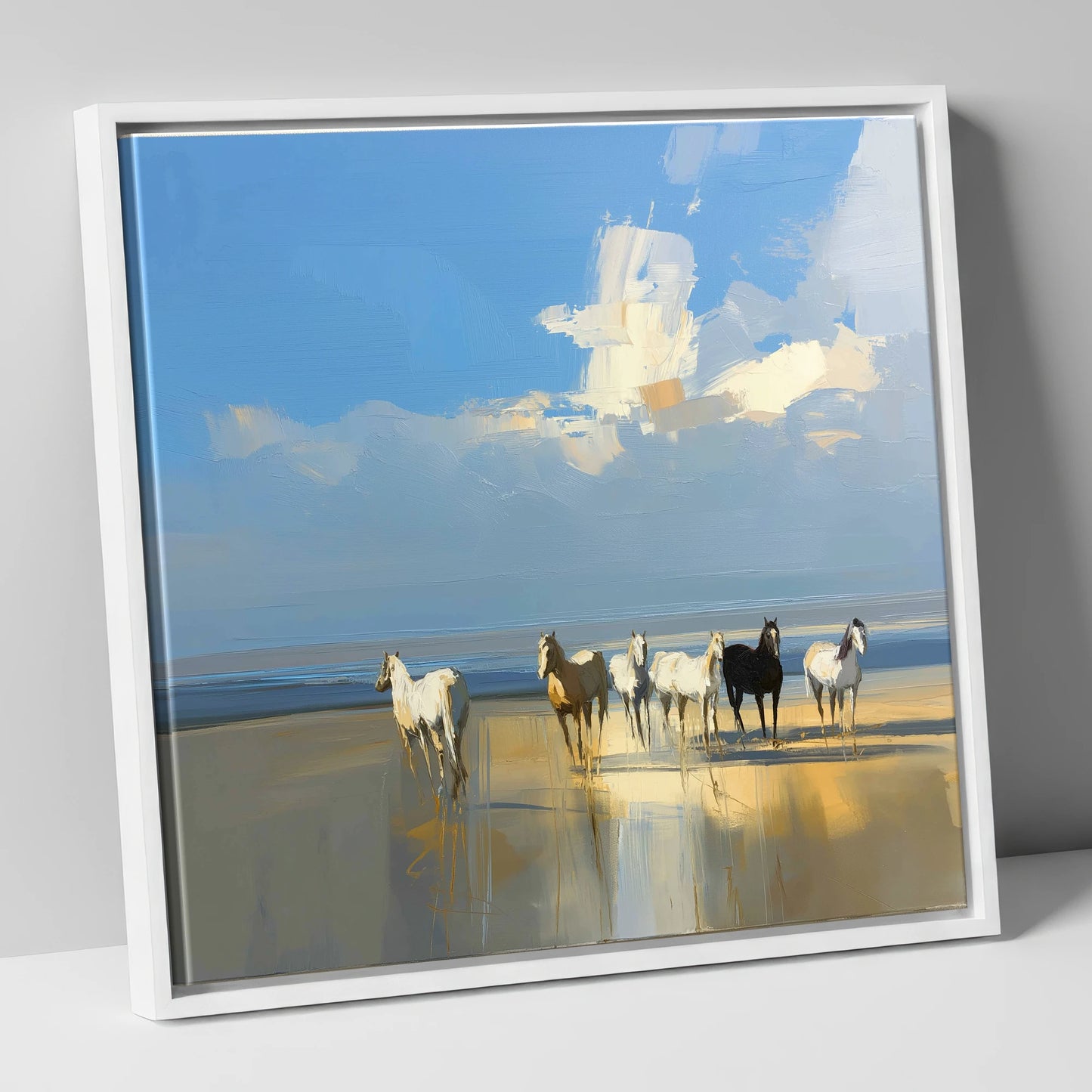 Sunlit Coastal Herd horse landscape canvas wall art in white frame