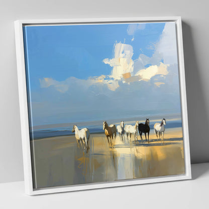Sunlit Coastal Herd horse landscape canvas wall art in white frame