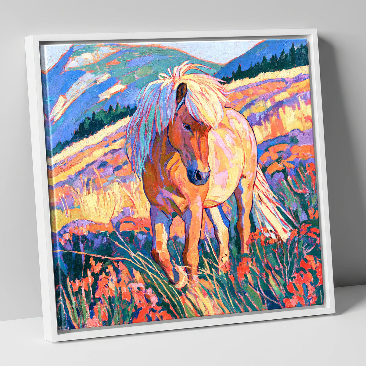 Fjord Horse in Vibrant Mountains horse breed canvas wall art in white frame
