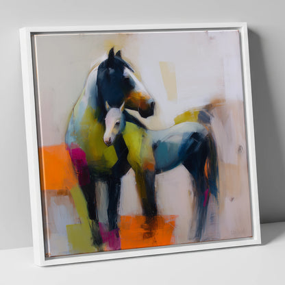 Vibrant Mare and Foal mare & foal canvas wall art in white frame