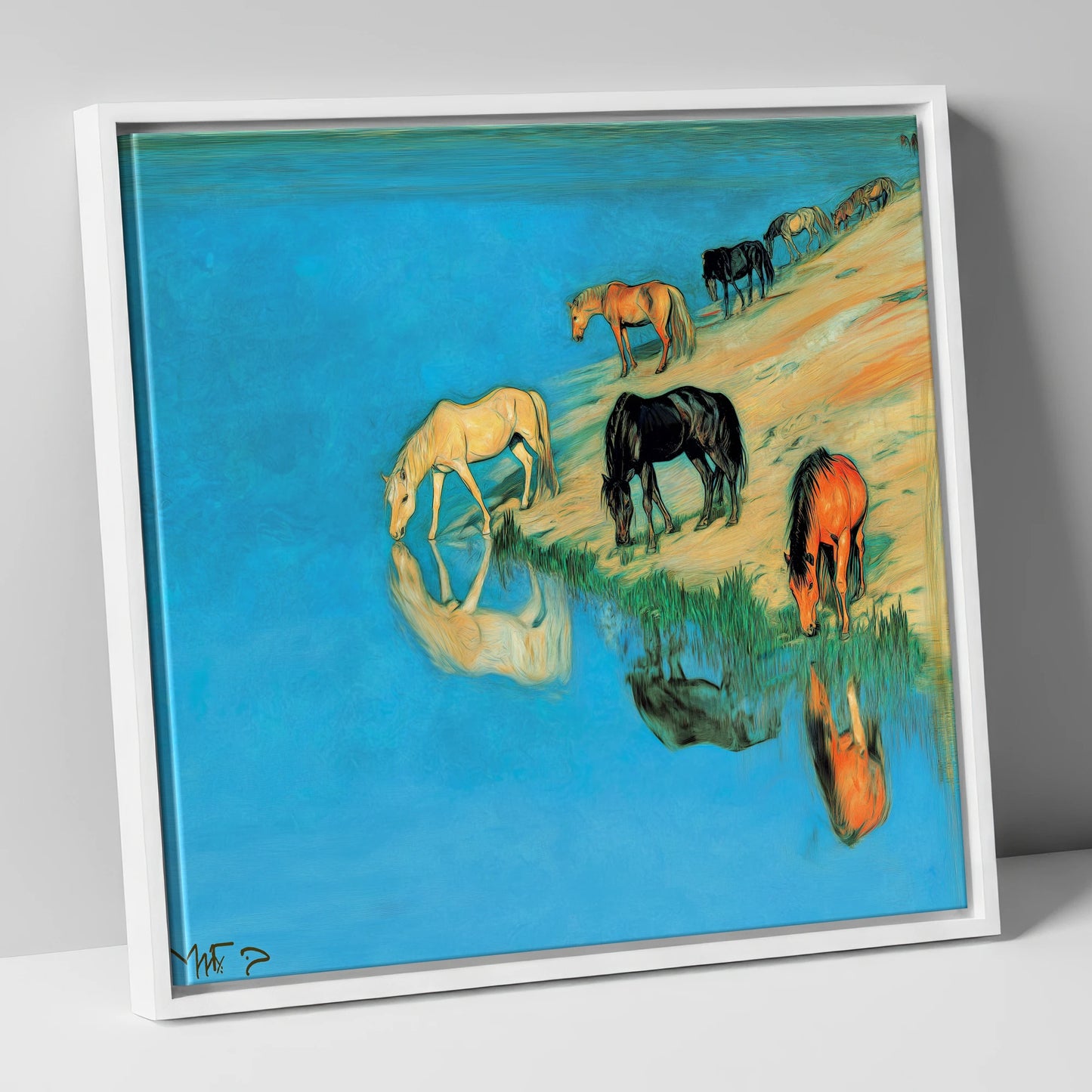 Azure Bank Reflections wild horses canvas wall art in white frame