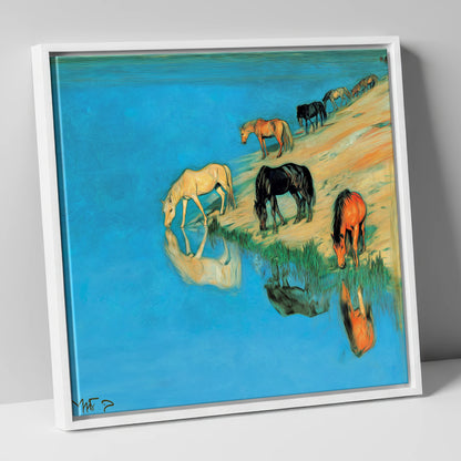 Azure Bank Reflections wild horses canvas wall art in white frame