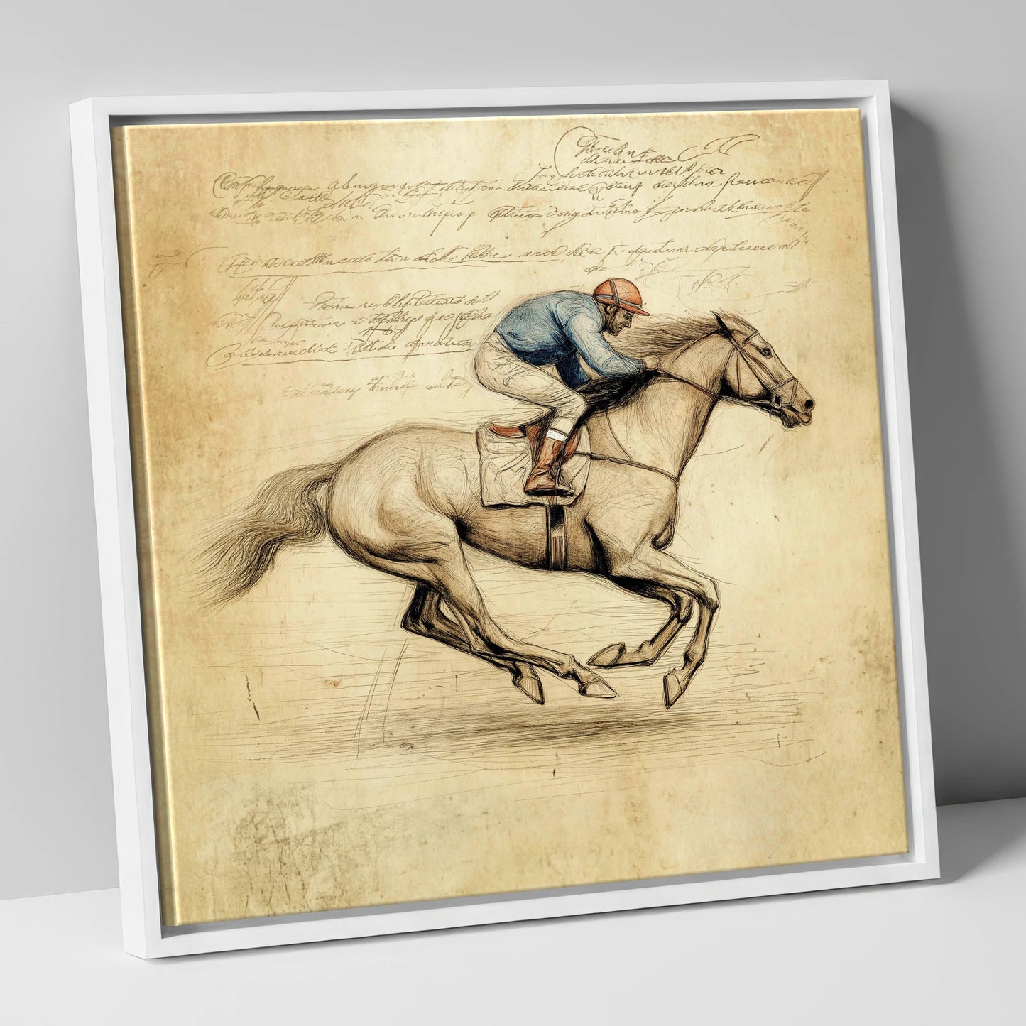 Vintage Racing Study racing horse canvas wall art in white frame