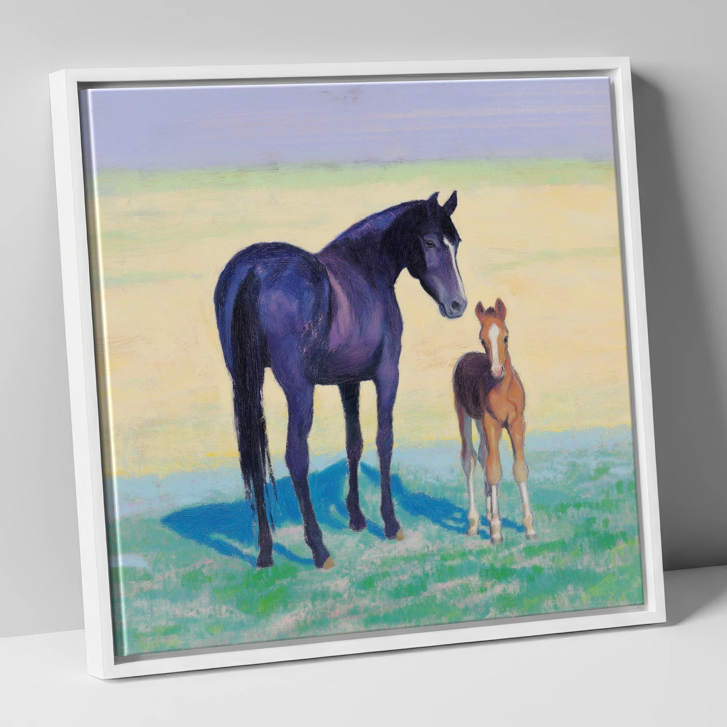 The Gentle Watch mare & foal canvas wall art in white frame