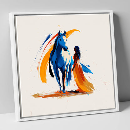 Azure and Amber Bond horse & rider canvas wall art in white frame