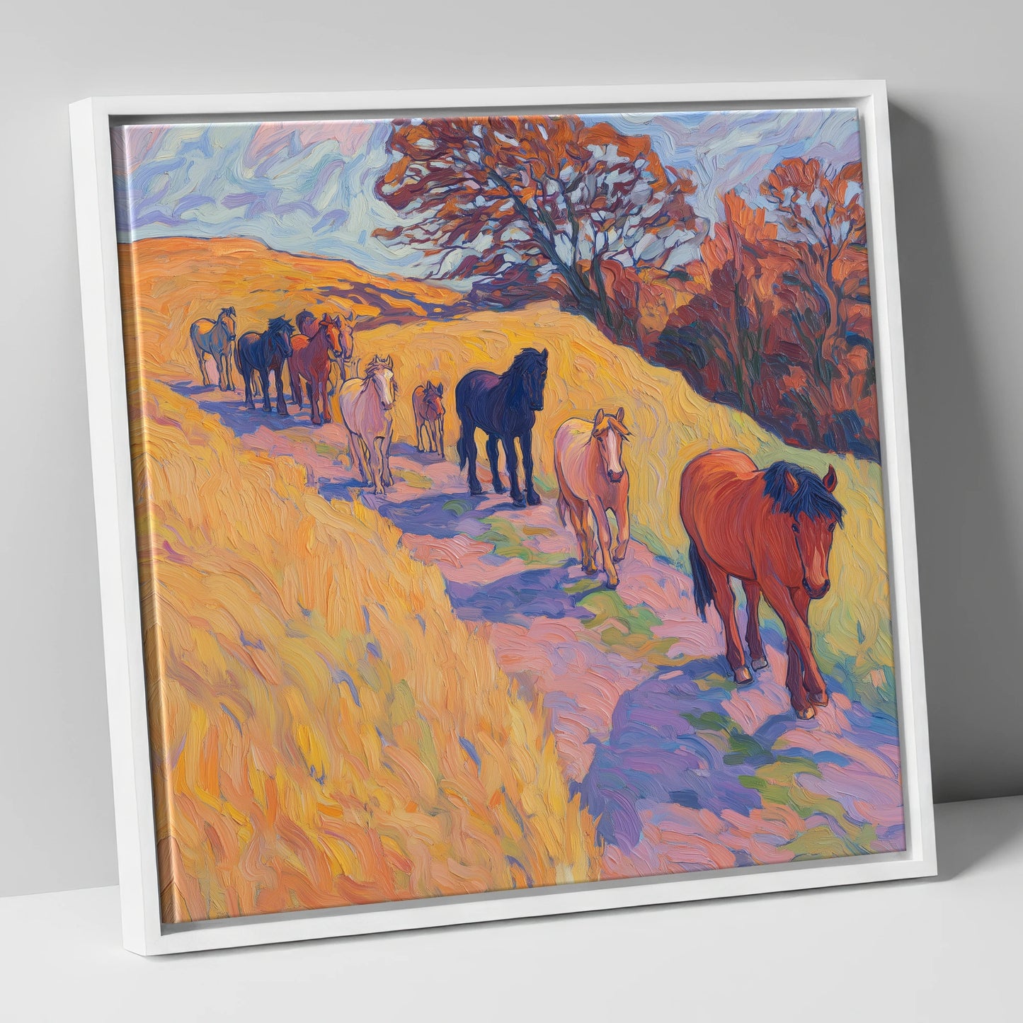 Homeward Bound Herd horse landscape canvas wall art in white frame