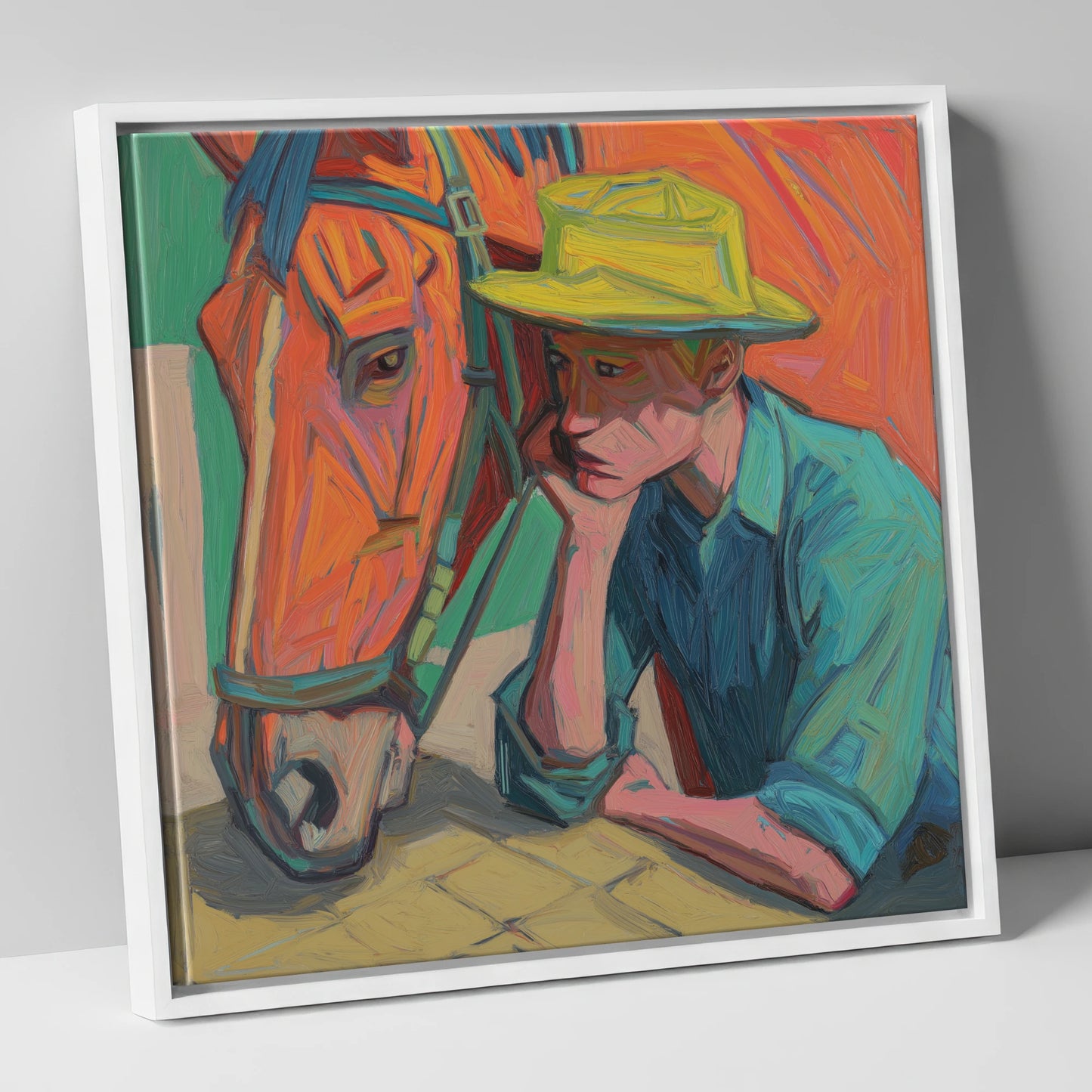 Quiet Companionship horse & rider canvas wall art in white frame